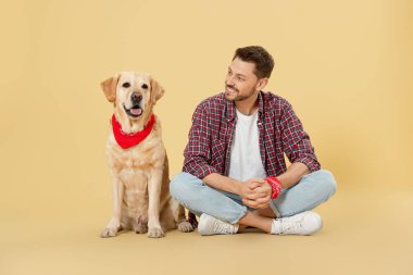 Bej arka planda şirin Labrador Retriever 'ı olan mutlu bir adam.