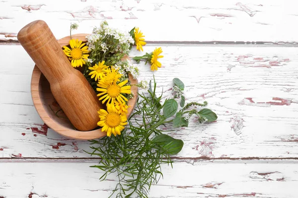 Kabuklu havan, çiçekler ve otlar beyaz ahşap masa üzerinde, düz yatıyordu. Metin için boşluk