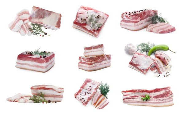 Collage with pieces of pork fatback isolated on white