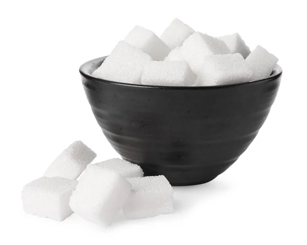 Tigela Cubos Açúcar Refinado Fundo Branco — Fotografia de Stock