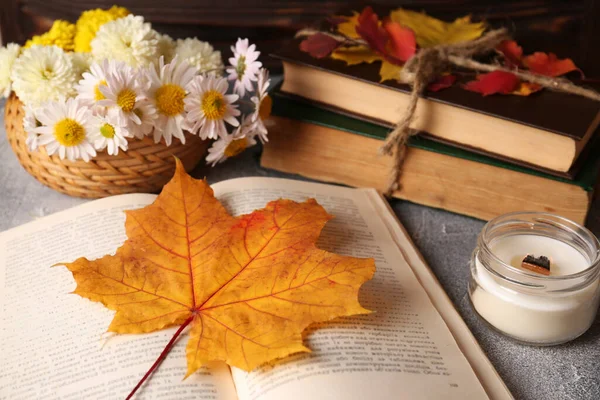 Książka Jesiennym Liściem Jako Zakładka Pachnące Świece Kwiaty Rumianku Jasnoszary — Zdjęcie stockowe