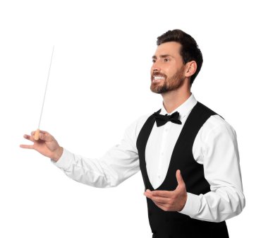 Beyaz arka planda copu olan mutlu profesyonel şef