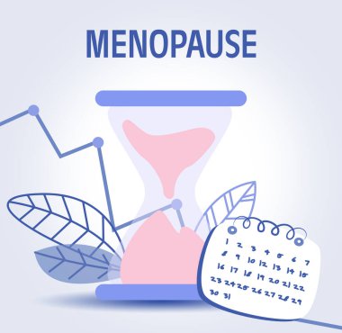 Women's health changes. Word Menopause and calendar, sandglass, feathers with descending line graph on light background. Illustration design clipart