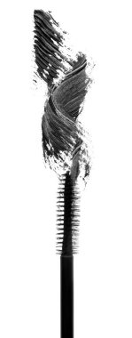 Uygulayıcı ve siyah rimel lekesi beyaz arkaplanda, üst görünümde