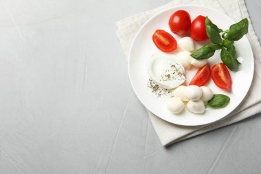 Açık gri masa üzerinde domates ve fesleğen yapraklı lezzetli mozzarella. Metin için boşluk