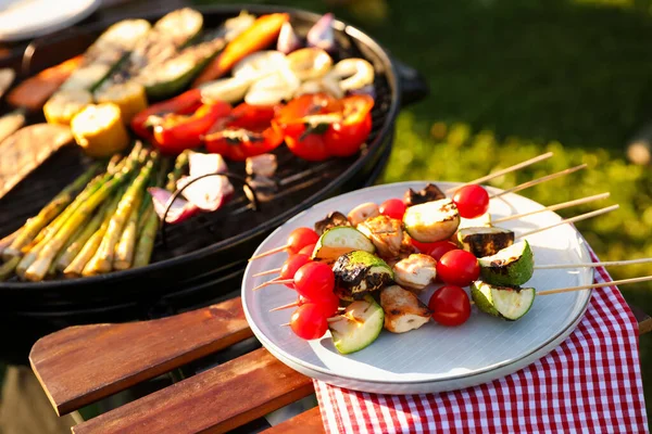 Cooked food products and grill barbecue outdoors