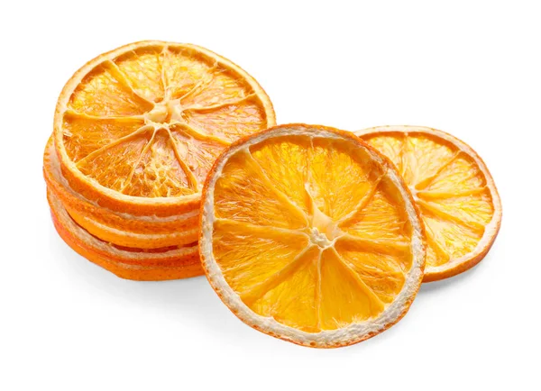 Läckra Torra Orange Skivor Vit Bakgrund — Stockfoto