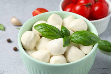 Lezzetli mozzarella topları kasede ve fesleğen yaprakları açık gri masada, yakın plan