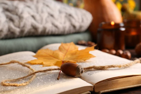 Book Autumn Leaf Bookmark Acorn Scented Candles Warm Sweaters Wooden — Stock Photo, Image