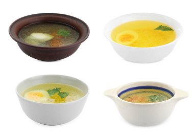 Beyaz arka planda lezzetli bulyon tabakları