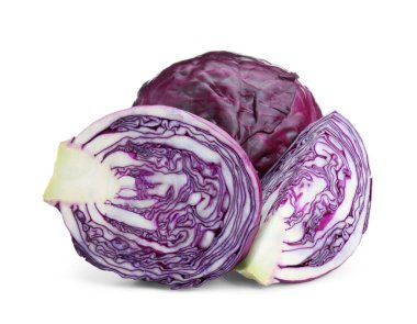 Whole and cut red cabbages on white background