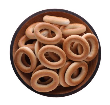 Lezzetli kuru simit kasesi (sushki) beyaz, üst görünümde izole