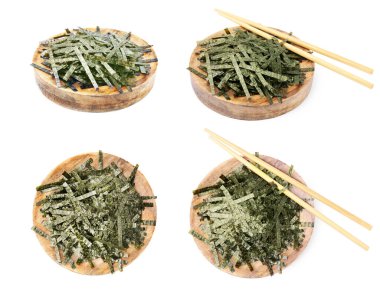 Beyaz arka planda lezzetli kıtır kıtır nori çarşafları ile ayarlandı