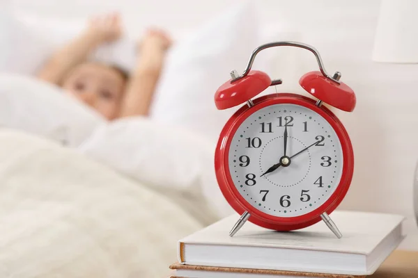 Cute Little Girl Awaking Cosy Bed Focus Alarm Clock — Stockfoto