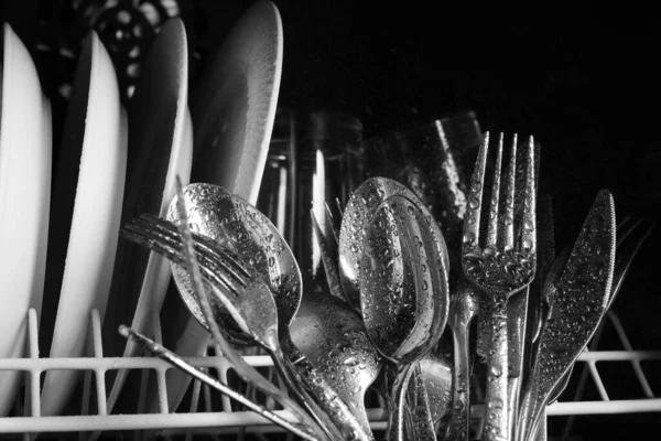 Clean Wet Plates Cutlery Dishwasher Closeup — Stock Photo, Image