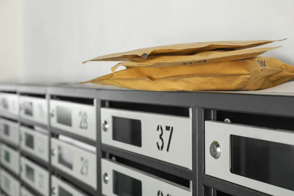 New Mailboxes Keyholes Numbers Receipts Envelopes Post Office Closeup — Fotografia de Stock