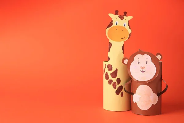 Toy Monkey Giraffe Made Toilet Paper Hubs Orange Background Space — Stockfoto