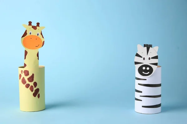 Toy Giraffe Zebra Made Toilet Paper Hubs Light Blue Background — Stockfoto