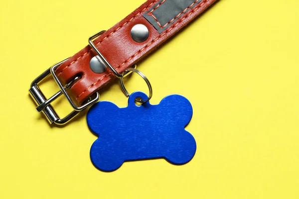 Leather dog collar with blue tag in shape of bone on yellow background, top view. Space for text