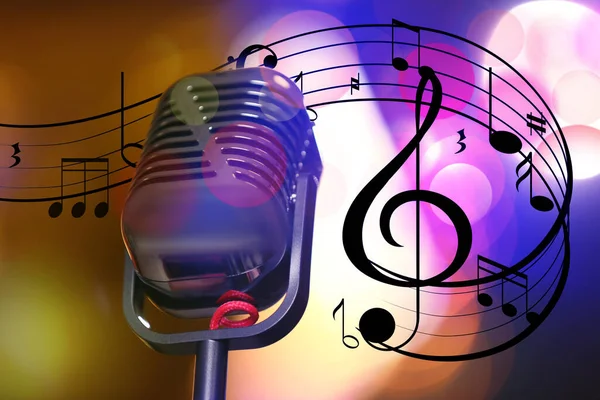 Retro Microphone Staff Music Notes Other Musical Symbols Festive Lights — Stockfoto