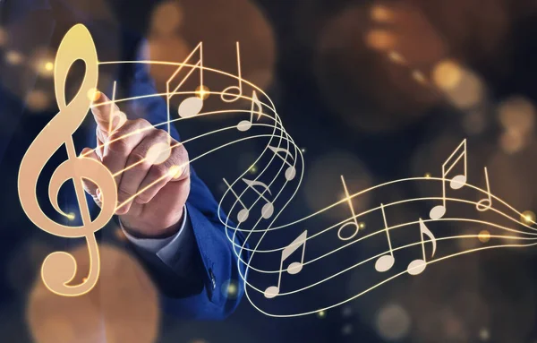 Musician Pointing Staff Music Notes Treble Clef Color Background Closeup — Stockfoto