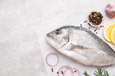 Düz kompozisyonda taze çiğ dorado balığı ve malzemeleri açık gri masa üzerinde, metin için boşluk