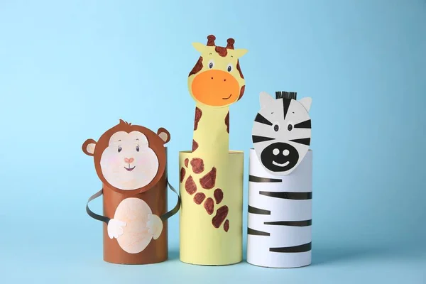 Toy Monkey Giraffe Zebra Made Toilet Paper Hubs Light Blue — Stockfoto