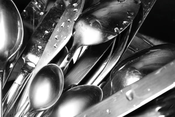 Washing Silver Spoons Forks Knives Closeup — Stock Photo, Image
