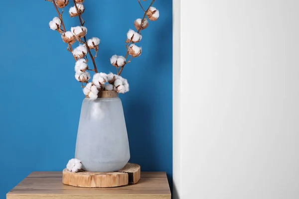 Cotton Branches Fluffy Flowers Vase Wooden Table Indoors Space Text — Fotografia de Stock
