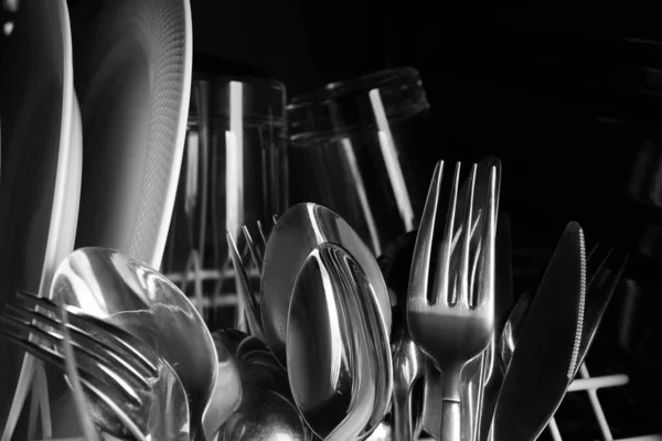 Clean Plates Cutlery Dishwasher Closeup — Stock Photo, Image