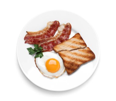 Lezzetli sahanda yumurta, domuz pastırması ve kızarmış ekmek.