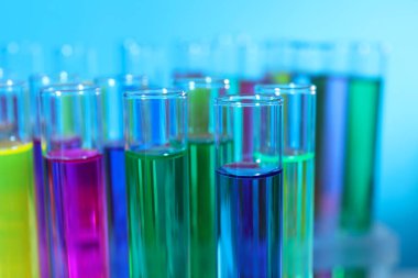 Açık mavi arka planda renkli sıvıları olan birçok test tüpü, yakın plan