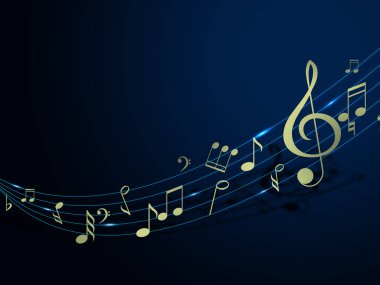 Koyu mavi arka planda müzik notaları ve diğer müzik sembollerine sahip personel