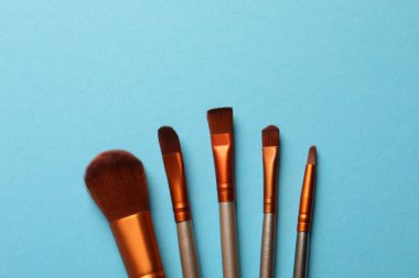 Açık mavi arka planda düz bir makyaj fırçası seti. Metin için boşluk