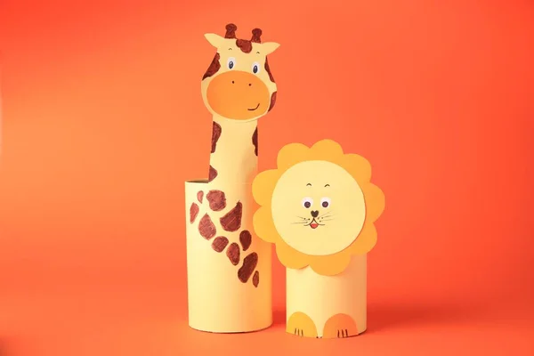 Toy Giraffe Lion Made Toilet Paper Hubs Orange Background Children — Stockfoto