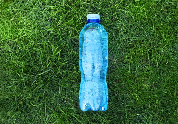 Plastic bottle of water on green grass outdoors, top view