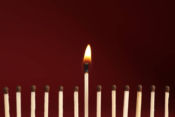 Burning match among unlit ones on red background, closeup