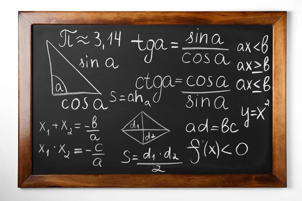 Chalkboard with many different math formulas on white wall