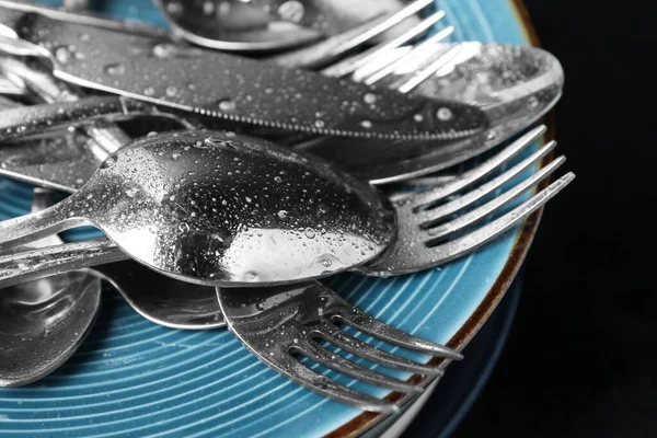 Different Kitchenware Washing Black Table Closeup — Stock Photo, Image