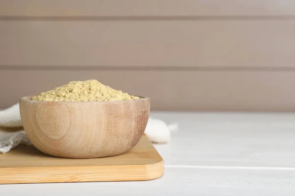 Bowl Aromatic Mustard Powder White Wooden Table Space Text — Foto de Stock