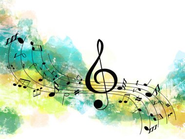 Renk arkaplanı üzerinde müzik notaları ve diğer müzik sembollerine sahip personel