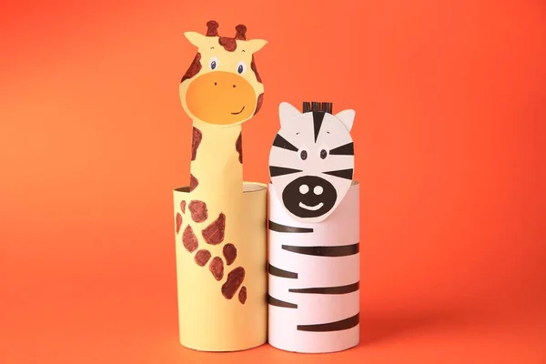 Toy Giraffe Zebra Made Toilet Paper Hubs Orange Background Children — Stockfoto