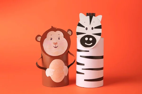 Toy Monkey Zebra Made Toilet Paper Hubs Orange Background Children — Stockfoto