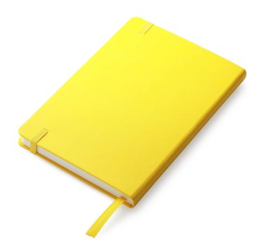 Closed yellow office notebook isolated on white