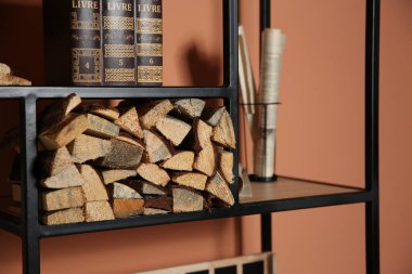 Renk duvarının yanında dekoratif elementleri olan şık bir raf ünitesi. İç tasarım