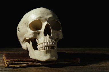 İnsan kafatası ve eski kitap ahşap masa üzerinde siyah arkaplan, metin için boşluk