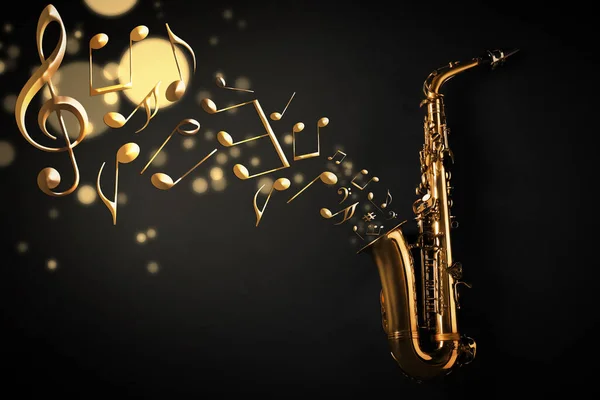 Music notes and other musical symbols flowing from saxophone on black background
