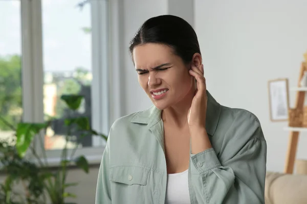 Young Woman Suffering Ear Pain Home — Stock Photo, Image