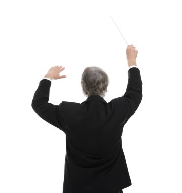 Professional conductor with baton on white background, back view clipart