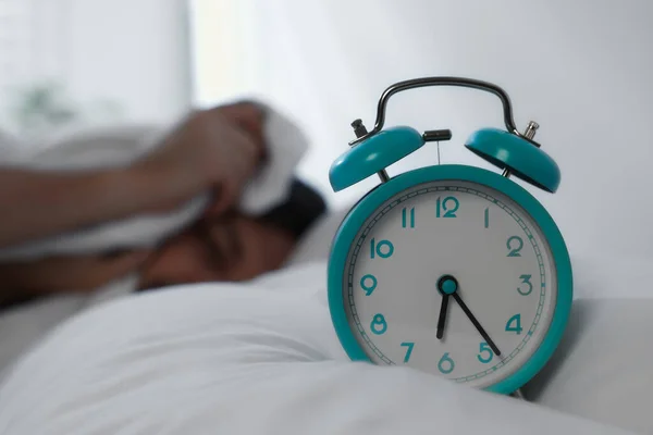 Sleepy Man Awaking Home Morning Focus Alarm Clock Space Text — Stockfoto